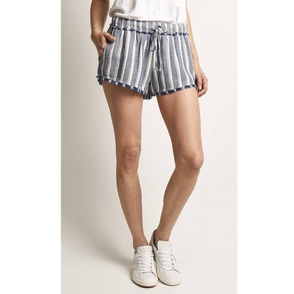 Bella Dahl Blue White Stripe Linen Blend Pull On Fray Hem Drawstring Shorts S